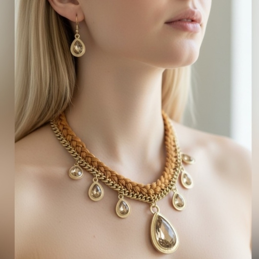 Necklace & Earrings Set Bollywood Boho Oversized Crystal Pendant Statement Piece